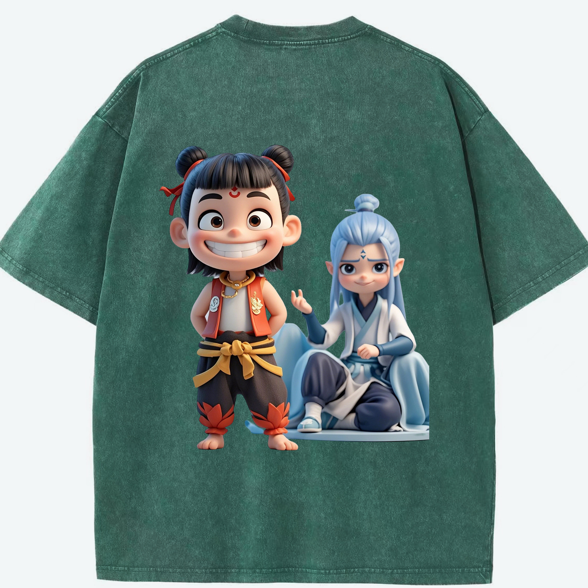 （画像用） Ne Zha 2 ナタ 魔童の大暴れ 綿100% ヴィンテージ風 半袖Tシャツ（背面プリント）